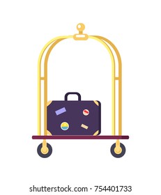 Bellman's cart with golden shiny poles and blue suitcase with stickers on it. Vector illustration of hotel stuff isolated on white background