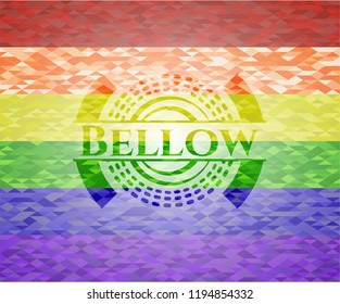 Bellow emblem on mosaic background with the colors of the LGBT flag