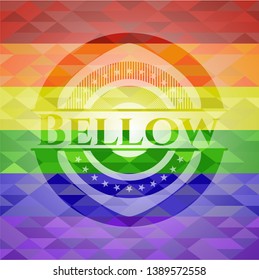 Bellow emblem on mosaic background with the colors of the LGBT flag