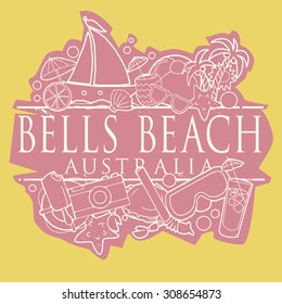 Bells beach, Australia beach hand drawn sign with text and various summer holiday objects, vector illustration 