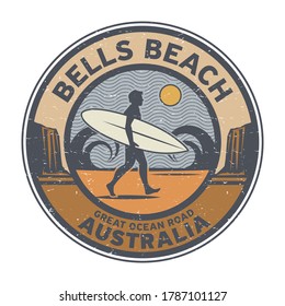 Bells Beach, Great Ocean Road, Australia - surfer sticker, stamp or sign design, vector illustration