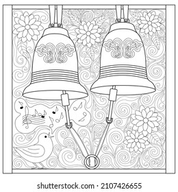 Campanas, pájaro, patrón giratorio, flores, fondo blanco. Página de coloreado, vector.