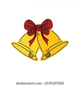 Bells with Bow Vector, Decorative Bells with Red Bow Cartoon Drawn, Red Ribbon with Bells Illustration.