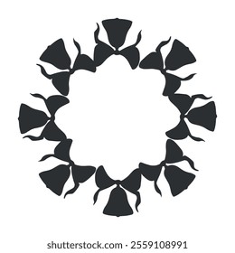 Bells with bows. Vector graphic black and white illustration. Christmas round frame. Black and white border with jingles. Background for winter holiday. Festive template for card, window, packaging.
