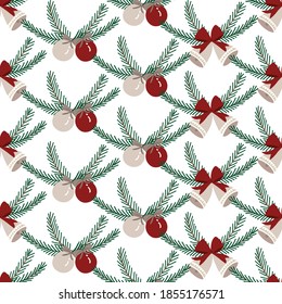Bells with branches on white Seamless pattern. Christmas bells Design Pattern. Vector Illustration.