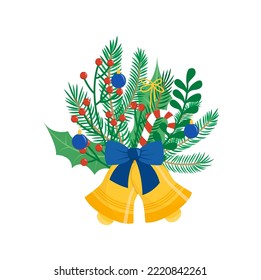 Bells with Christmas composition of fir tree, berries, ornaments, bow. Flat, cartoon. Isolated vector illustration eps 10