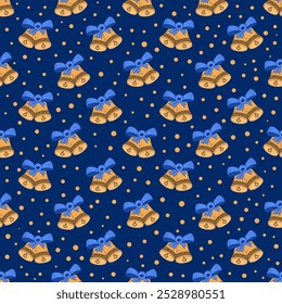 Bells and dots seamless pattern.Vector illustration with Christmas bells on a blue background.