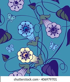 Bells flowers. A seamless pattern of pink, blue and white flowers and green stems and leaves on a blue background.