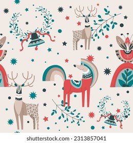 Bells and foliage wreath, winter theme for holidays celebration. Deer with antlers and horse with tail, branch and snowfall. Seamless pattern or background print wallpaper. Vector in flat style