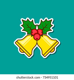 Bells with Holly Berry sticker, Christmas New Year color Icon. Vector decoration element.