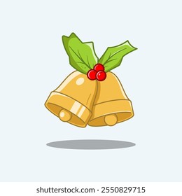 Bells With Holly Plants Christmas Elements Christmas Decoration. Vector Cartoon Illustration