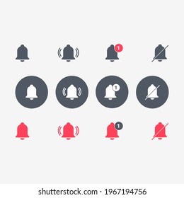 Bells icons. Set of notification bells drawn in flat style and isolated on a light background. Vector illustration 