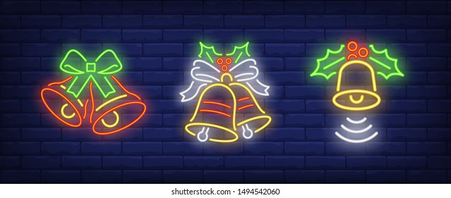 Bells with mistletoe leaves neon signs set. Christmas, signal, attention design. Night bright neon sign, colorful billboard, light banner. Vector illustration in neon style.