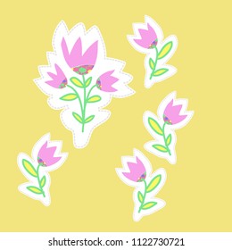 Bells pattern, branches, leaves, spots, dashed lines, tags . Hand drawn.