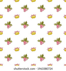 Bells and pink berries in white seem-less pattern background