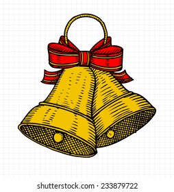 Bells with Ribbon, Etching Classic Style, Colored Outlines