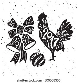 Bells and the rooster. Set of christmas silhouette with lettering. Illustration on a white background with snow.