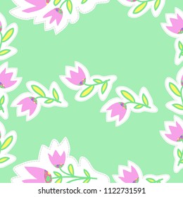 Bells seamless  pattern, branches, leaves, spots, dashed lines, tags . Hand drawn.