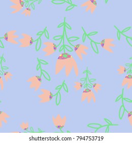 Bells seamless  pattern, branches, leaves . Hand drawn.