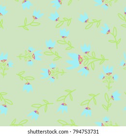Bells seamless  pattern, branches, leaves . Hand drawn.