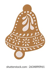 Bell-shaped gingerbread cookie with white icing floral decoration in festive style. Christmas dessert and holiday celebration concept in traditional hand drawn design