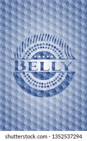 Belly blue emblem or badge with abstract geometric polygonal pattern background.