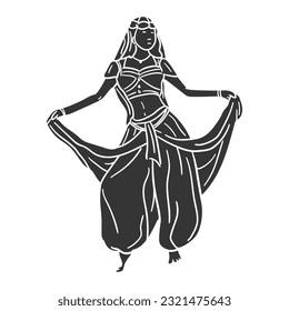 Icono de danza del vientre Icono de Silhouette Ilustración. Dibujo gráfico de vectores de danza tradicional Símbolo de clip Art. Dibujo de dibujos de dibujos de dibujos en negro.