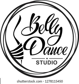 Belly Dance studio hand drawing lettering illustration with decorative 3D effects background and dancer silhouett. May be use as a logo, sign, poster for belly dance school, studio,  class, tutorial. 