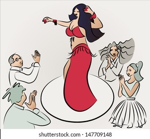 belly dancer performing , audiences clapping, vector 