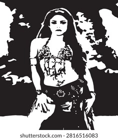 Belly dancer stencil vector art, high-contrast black-and-white woman performer, exotic dancer silhouette in traditional costume, tribal fusion dancer graphic