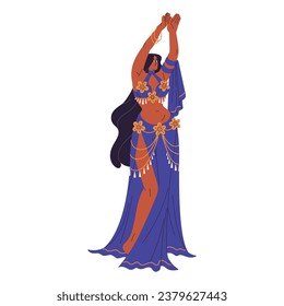 Belly dancer in traditional costume, dress with golden jewelry perform. Performer dancing oriental, turkish, egyptian dance. Woman moves to arabian music. Flat isolated vector illustration on white