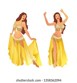 Belly dancer in two poses. Beautiful girl in a bright yellow suit.