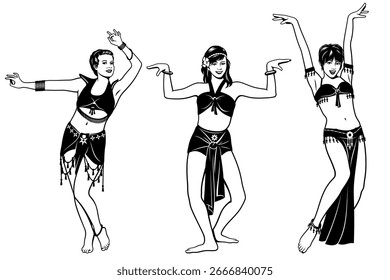 Belly Dancers. Black and white vector clipats isolated on white.