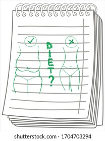 Belly fat, before-after on notebook background. 
do i need a diet.  Vector illustration of Slim and fat girls.