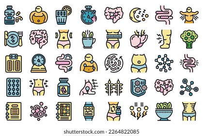 Belly icons set outline vector. Weight after. Fat man color flat on white