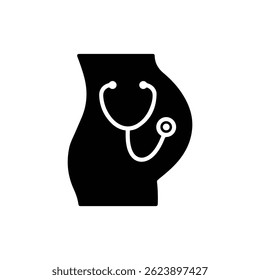 Belly Listening with Stethoscope Icon in Black Silhouette Style