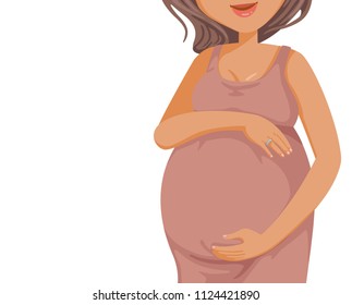 belly of a pregnant woman with hands over tummy . touching  her belly, Closeup. Vector illustrations isolated on white background.
