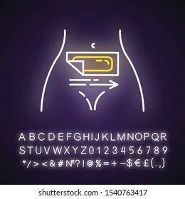 Belly waxing neon light icon. Female hair removal procedure. Depilation with natural soft, cold wax strip. Glowing sign with alphabet, numbers and symbols. Vector isolated illustration