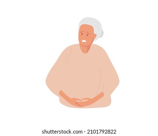 Belly-ache. Suffering From Pain. Senior Woman Holds Hand On Belly Zone. Diarrhea, Constipation, Stomach Acid Reflux Disease And Digestive System Problem. Flat Vector Illustration. Healthcare Concept.