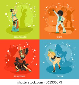 Bellydance disco flamenco and twerk 4 flat icons composition with music notes symbols shadow isolated vector illustration 