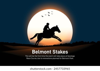 Belmont Stakes, Horse Racing. Belmont Stakes creative concept banner, poster, social media post, template, festoon, background etc. Sun rising background.