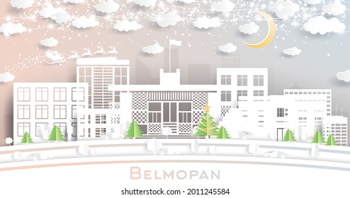 Belmopan Belize City Skyline in Paper Cut Style with Snowflakes, Moon and Neon Garland. Vector Illustration. Christmas and New Year Concept. Santa Claus on Sleigh. Belmopan Cityscape with Landmarks.