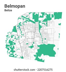 Belmopan-Vektorkarte. Detaillierte Karte des Verwaltungsgebiets der Stadt Belmopan. Stadtlandpanorama. Lizenzfreie Vektorgrafik. Straßenkarte mit Autobahnen, Flüssen.