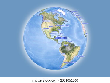 Belmopan-Belice se muestra en el mapa del globo vectorial. El mapa muestra la ubicación de Belmopan-Belice en el mundo.