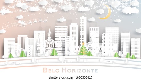 Belo Horizonte Brazil City Skyline in Paper Cut Style with Snowflakes, Moon and Neon Garland. Vector Illustration. Christmas and New Year Concept. Santa Claus on Sleigh.