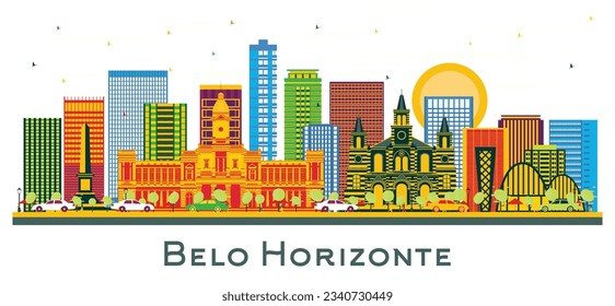 Esquina de la ciudad de Belo Horizonte Brasil con edificios de color aislados en blanco. Ilustración vectorial. Concepto de viajes de negocios y turismo con arquitectura moderna. Paisaje urbano de Belo Horizonte con puntos de referencia.