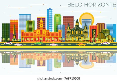 Belo Horizonte Brazil Skyline with Color Buildings, Blue Sky and Reflections. Vector Illustration. Business Travel and Tourism Concept with Modern Architecture.