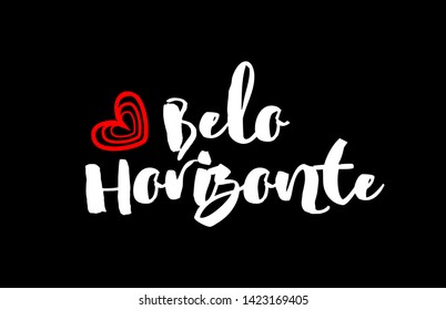 Belo Horizonte city text with red love heart design on black background for typographic logo icon design