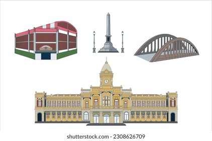 Vector de la ciudad de Belo Horizonte con Mercado Central, Estación Central, Obelisk en Praça 7 y viaducto de Santa Tereza.
