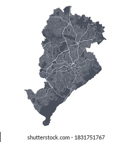 Mapa de Belo Horizonte. Mapa vectorial detallado del área administrativa de la ciudad de Belo Horizonte. Vista de la aria metropolitana de Cityscape poster. Tierra oscura con calles blancas, caminos y avenidas. Fondo blanco.